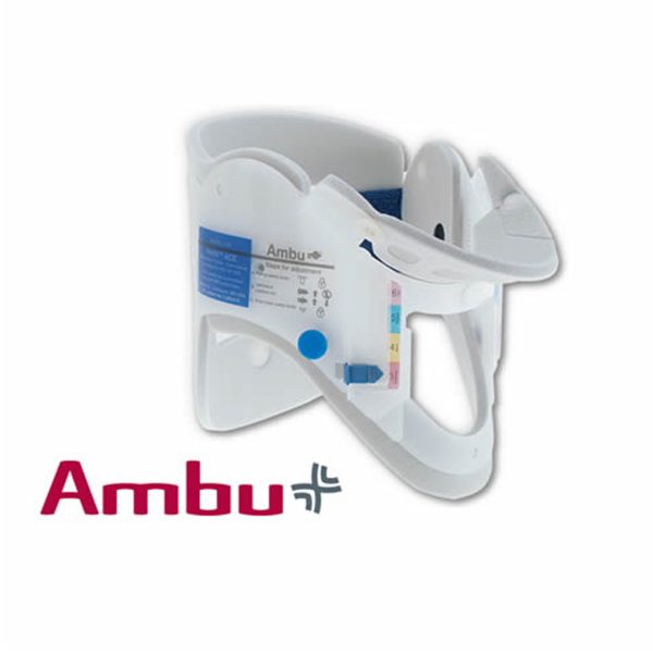 Colar Cervical Regulável Ambu com 16 posições de ajuste e compatível com exames de imagem.
