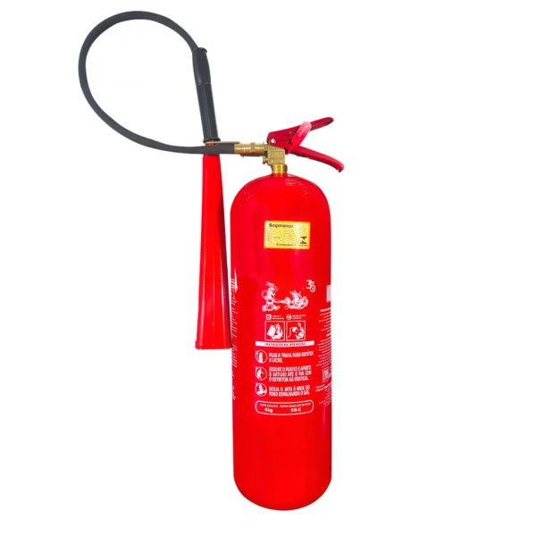 Extintor CO2 6kg 5-BC, ideal para incêndios classe B e C, com agente extintor sem resíduos e alta eficiência.