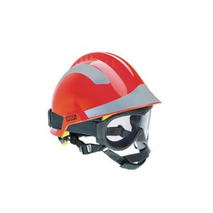 Capacete Gallet F2xtrem vermelho com óculos de proteção e adesivos refletivos para operações de resgate e incêndios.