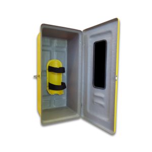 Abrigo de EPR Máscara Autônoma em fibra de vidro amarelo com visor e suporte interno para cilindro de ar comprimido, ideal para proteção do equipamento.