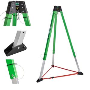 Tripé para espaço confinado em alumínio com pernas telescópicas, sapatas antiderrapantes e cabeçote com roldanas e olhais de fixação.