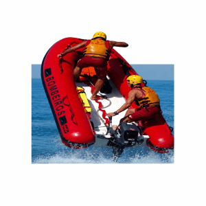 Barco inflável semirrígido para salvamento em operação de resgate aquático com equipe de bombeiros