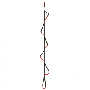 Fita de ancoragem regulável daisy chain preta e vermelha com múltiplos loops centralizada em fundo branco.