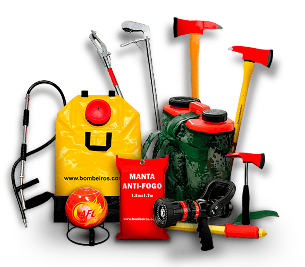Produtos da importação direta. Bomba costal flexível amarela, bomba costal rígida, bola extintora, manta anti-fogo, machado bombeiro, machado nylon, machadinha cabo isolado, esguicho regulável e pinção articulado para captura de répteis.